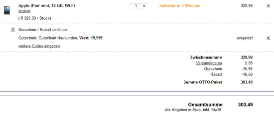 Apple iPad mini 16GB Wifi für 303€ - als Otto-Neukunde