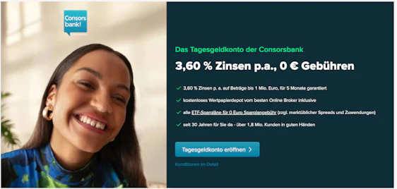 Erhöhte Zinsen! 🤩 Consorsbank Tagesgeld mit 3,60 % Zinsen p.a. garantiert - für 5 Monate 📈