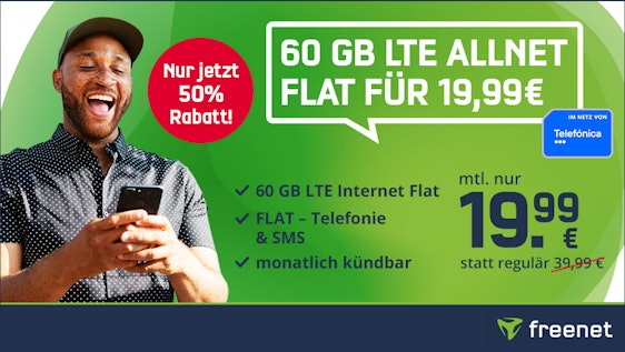 Letzter Tag! Freenet 60GB Telefonica Flat für 19,99€/Monat » monatlich kündbar mit 60GB LTE, Allnet- und SMS-Flat 🤙