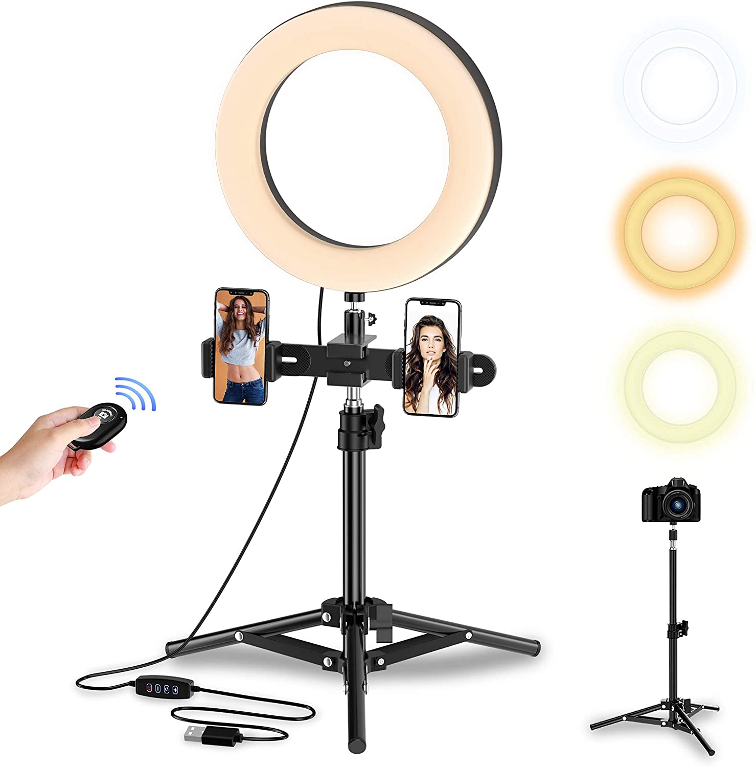 8" Ringlicht mit Stativ mit eingebautem 2x Handyhalter, dimmbar und mit Bluetooth-Fernauslöser