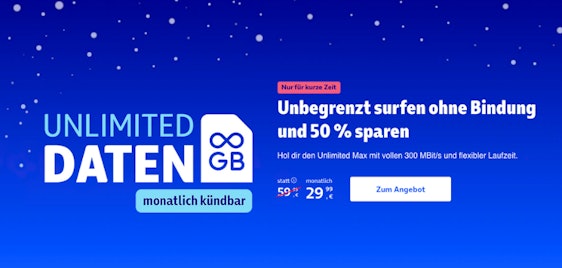50% Rabatt ⚡♾️ Monatlich kündbar: o2 Unlimited Max mit 300 Mbit/s für 29,99€ mtl.