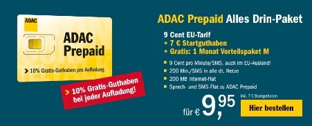 ADAC Prepaid Alles Drin-Paket: 1 Monat Vorteilspaket M Gratis (200Min./SMS in alle dt. Netze - 200MB Internet-Flat) inkl. 7€ Startguthaben für 9,95€