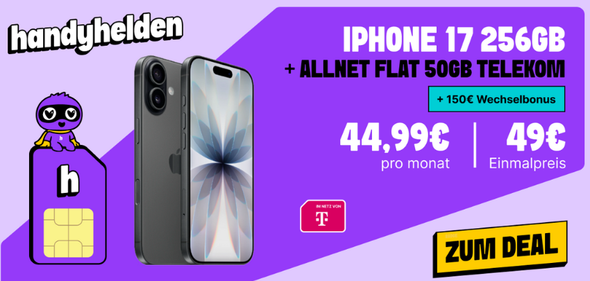 KNALLER mit 150€ Wechselbonus 🍏✨ Apple iPhone 17 + 50GB Telekom-Tarif für 44,99€ mtl. 