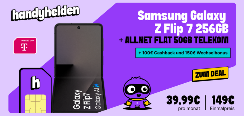 Effektiv gratis mit 250€ Bonus 🔥 Samsung Galaxy Z Flip7 + 50GB Telekom-Tarif