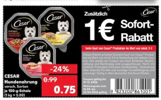 1€ Rabatt auf Cesar Hundefutter bei Kaufland ab 5€ MEW