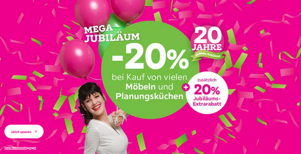 20% bei Kauf von Möbeln + 20% Jubiläums-Extrarabatt bei Mömax – z.B.: Bessagi Home Sofabett Eni für 102€