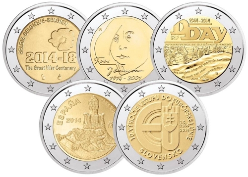 Tauschaktion: 5x 2 Euro Münze 2014 (Belgien, Finnland, Frankreich, Slowakei, Spanien)- 10 €