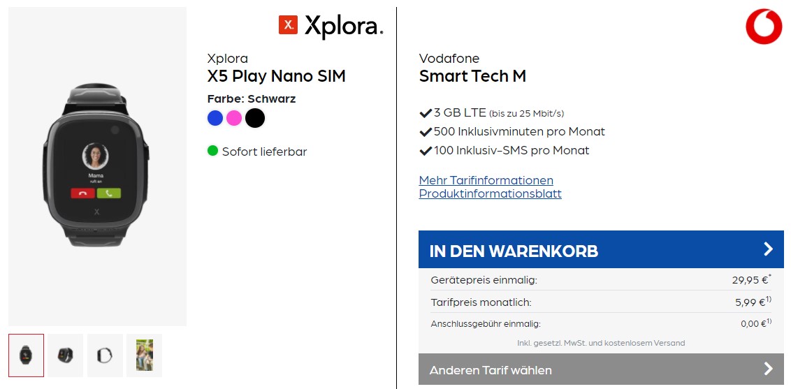 Xplora X5 Play im Tarif Vodafone Smart Tech M für 7€/Monat - 3GB LTE, 500 Freiminuten, 100 Frei-SMS