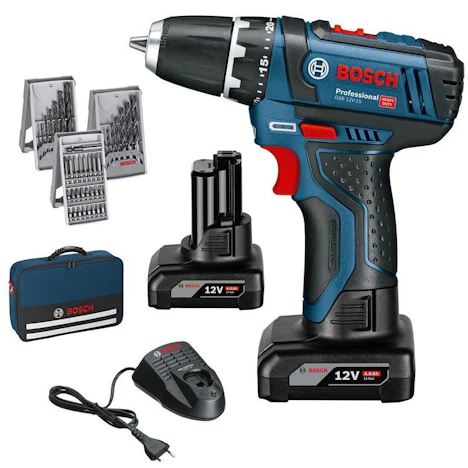 Bosch GSR 12V-15 Professional 2 x 4,0 Ah + 39 tlg. Zubehör-Set für 109,99 Euro