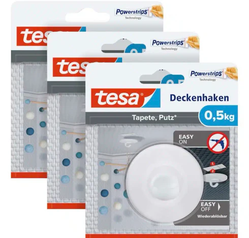tesa Deckenhaken Tapeten & Putz - 0,5 kg - 3 Haken inkl Powerstrips 3er Pack für 10,19€(statt 11,99€)