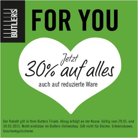 30% Rabatt bei Butlers - gilt nur offline in den Filialen *UPDATE*