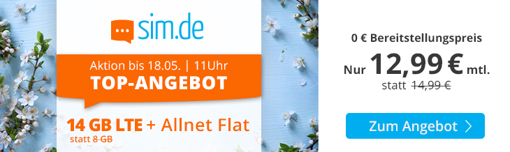 Sim.de LTE All 8+6GB für 12,99€/Monat – 14GB LTE, Allnet- und SMS-Flat, EU-Roaming