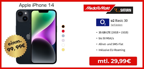 Nur 29,99€ pro Monat! Apple iPhone 14 mit 35 GB LTE50 & o2-Allnet-Flat