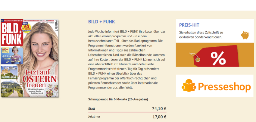 6 Monate Zeitschrift "Bild + Funk" für nur 17€ - 26 Ausgaben im Schnupperabo zum Sonderpreis bei Presseshop
