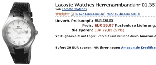 Markenuhren stark reduziert (Lacoste, Casio, Guess,...)