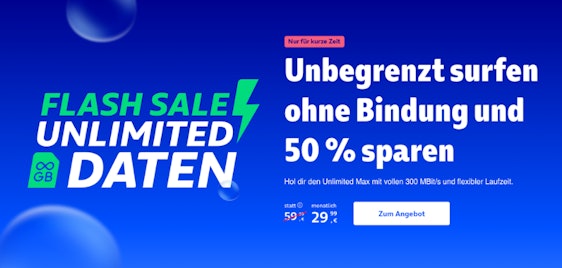 50% Rabatt ⚡♾️ Monatlich kündbar: o2 Unlimited Max mit 300 Mbit/s für 29,99€ mtl.