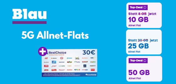 30€ Bonus für alle Blau Allnet-Flats (24 Monate Laufzeit) 🤩 z.B. 10GB für effektiv 3,74€ mtl.