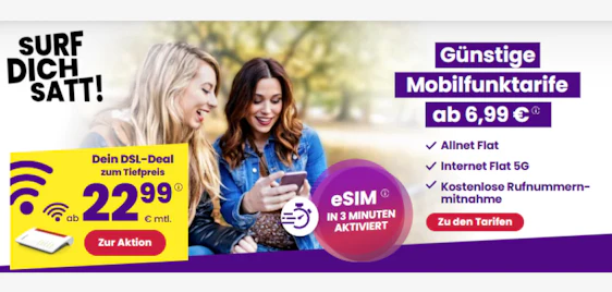 0€ Anschlusspreis 🚀 sim24 5G Allnet-Flats - 40GB nur 8,99€ mtl.
