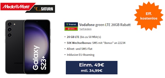 Eff. gratis mit 50€ Wechselbonus! 🤑 Samsung Galaxy S23 Plus mit 20GB Vodafone Allnet-Flat für 34,99€ mtl.
