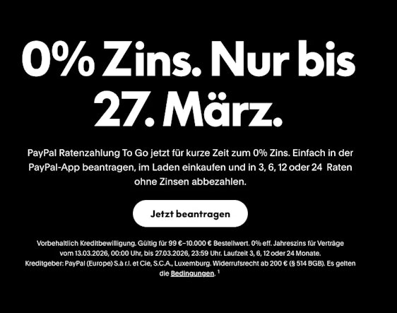 PayPal Ratenzahlung To Go: 0% effektiver Jahreszins für Einkäufe im Handel