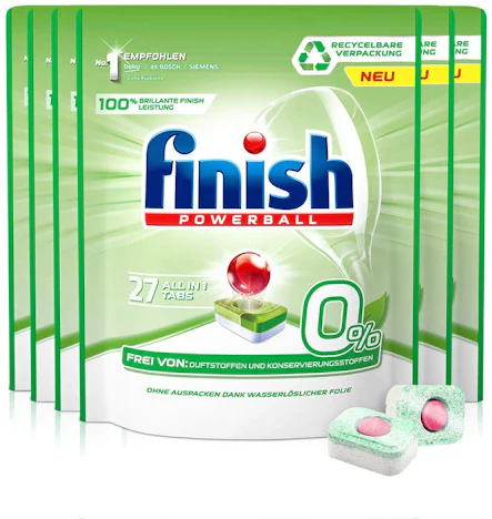 Amazon Prime – Finish 0% Spülmaschinentabs, brillante Reinigung ohne Duft- Und Konservierungsstoffe, Gigapack, 162 Tabs (6 x 27 Tabs)