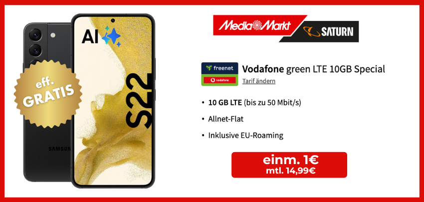Jetzt effektiv GRATIS 👀 Monatlich nur 14,99€! Samsung Galaxy S22 + 10 GB Vodafone-Allnet 