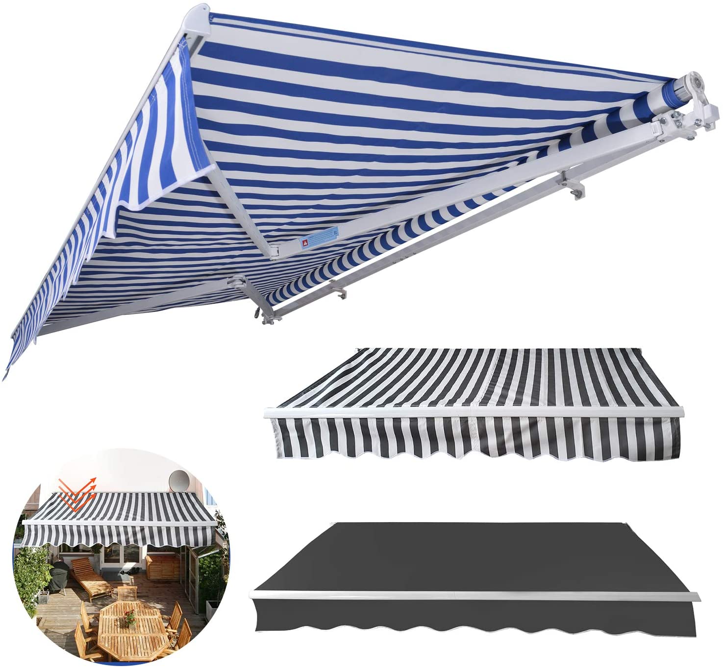 wolketon manuelle Gelenkarmmarkise Sonnenschutz, Alu/Polyester, 3,5 x 3 m, Blau/Weiß Gestreift