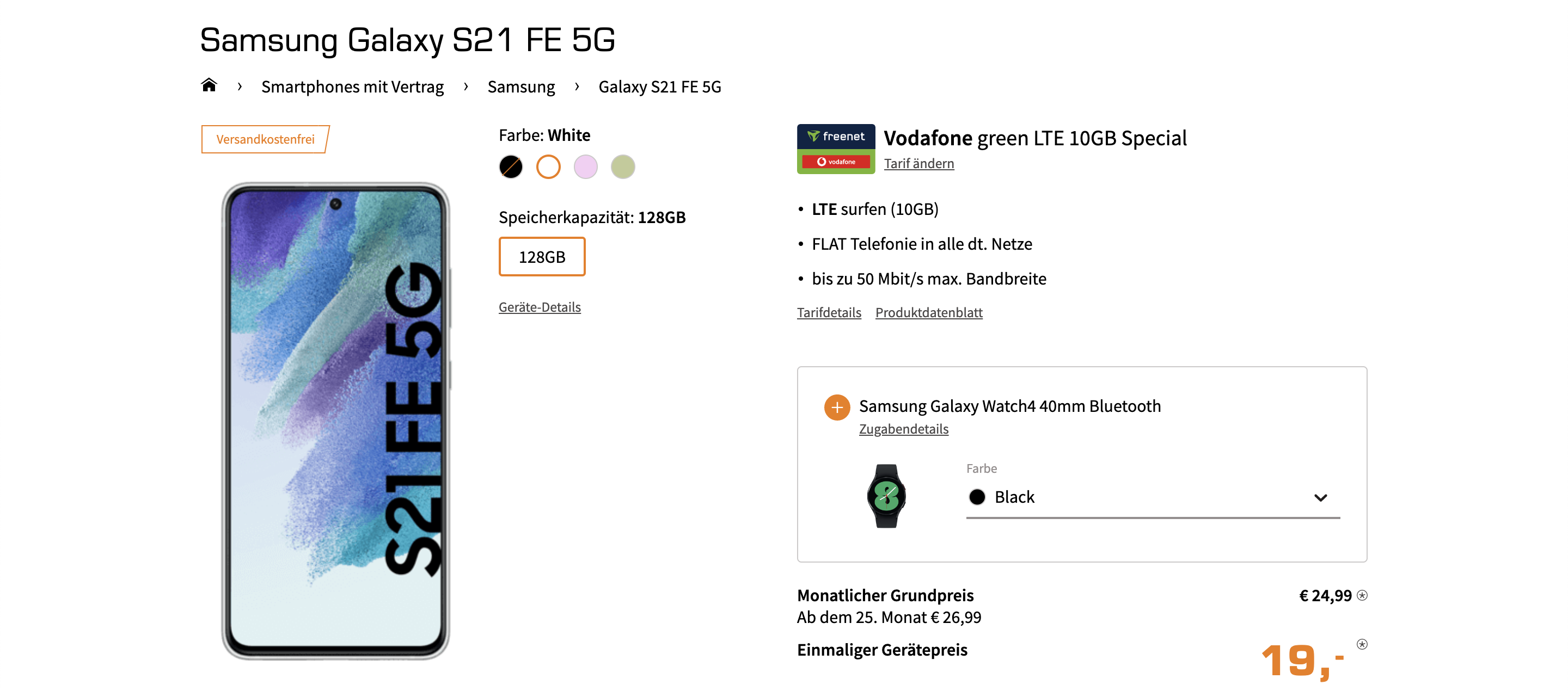 Samsung Galaxy S21 FE 5G + Galaxy Watch4 im Vodafone green LTE 10GB für 27€/Monat – 10GB LTE, Allnet- und SMS-Flat