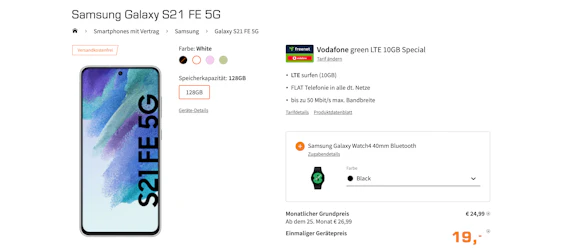 Samsung Galaxy S21 FE 5G + Galaxy Watch4 im Vodafone green LTE 10GB für 27€/Monat – 10GB LTE, Allnet- und SMS-Flat