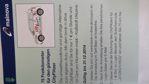 75 Freikilometer für CityFlitzer (carsharing)Ersparnis 14,25€, Kosten 1€/h