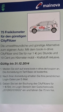 75 Freikilometer für CityFlitzer (carsharing)Ersparnis 14,25€, Kosten 1€/h