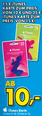 15€ iTunes Karte für 10€ und 25€ iTunes Karte für 15€ bei EURONICS