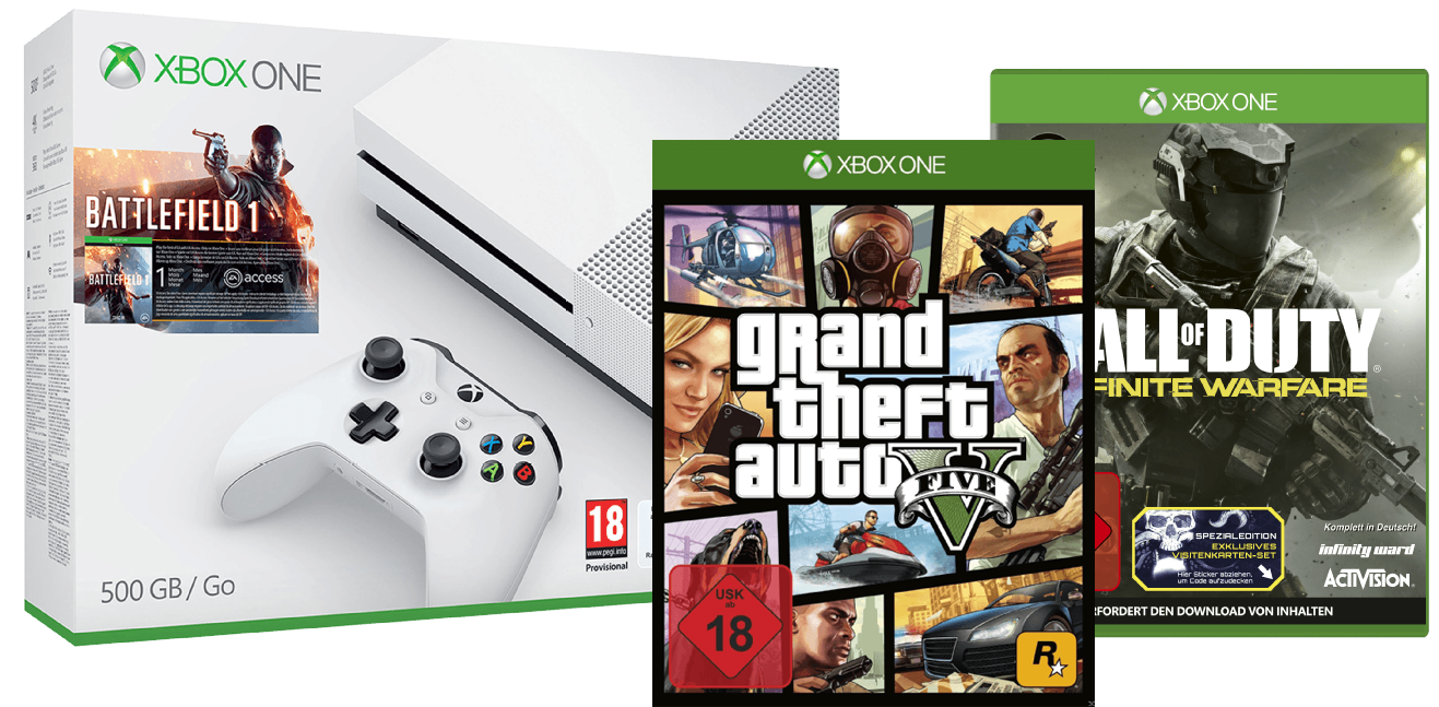 Xbox One S 500GB + Battlefield 1 + Call of Duty: Infinite Warfare + GTA V für 299€
