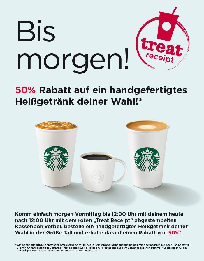 Bis morgen Aktion bei Starbucks - 50% auf ein großes Heißgetränk am Folgetag
