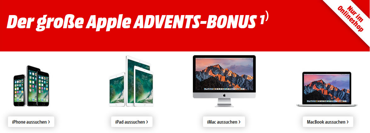 Apple Advents-Bonus bei Media Markt: Apple Produkt kaufen und bis zu 10% des Kaufpreises als Geschenkkarte erhalten