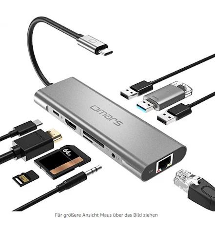 Blitzangebot Omars 9-in-1 USB C Hub Adapter mit 4K HDMI, RJ45 Gigabit LAN 3 x USB 3.0 Type C Power Delivery, SD/TF Slot, 3.5 mm AUX USB-C