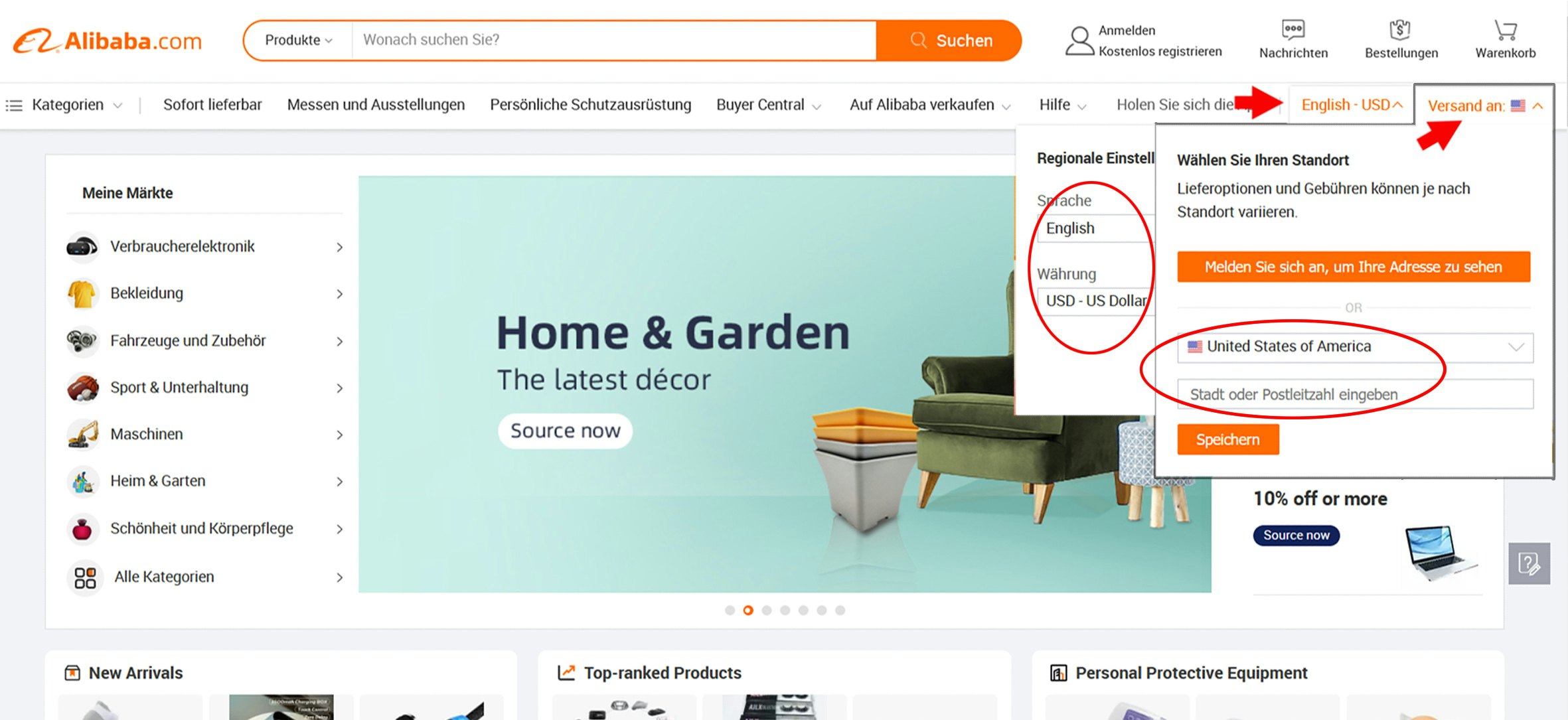 Alibaba Sprache wählen