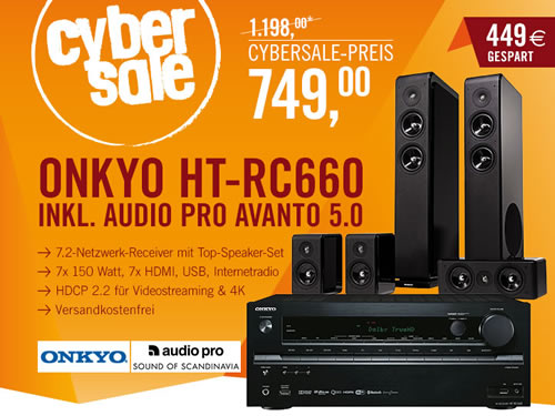 Onkyo HT-RC660 7.2 AV-Receiver + Audio Pro Avanto 5.0 Lautsprecher für 749€