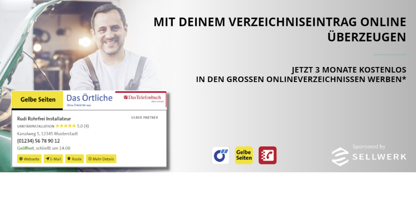 3 Monate GRATIS Verzeichniseintrag für Gewerbetreibende 💰 auf Gelbe Seiten, Das Telefonbuch und Das Örtliche