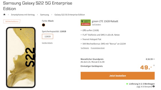 Samsung Galaxy S22 Enterprise Edition im Vodafone green LTE für 29€/Monat - 15GB LTE/5G, Allnet- & SMS-Flat + 50€ Wechselbonus