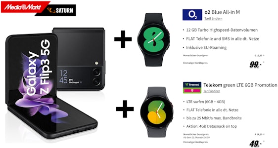70€ günstiger als bei Idealo! 🤩 Samsung Galaxy Z Flip 3 + Samsung Galaxy Watch4 (40mm) im o2 Blue All-In M für 26€/Monat - 12 GB LTE Turbo, Allnet- & SMS-Flat, EU-Roaming