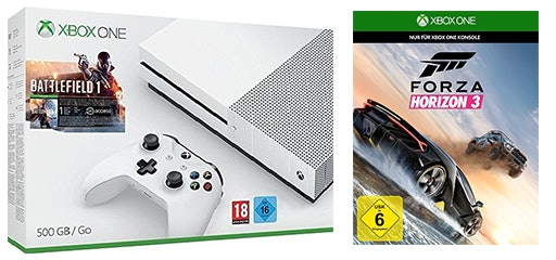 Microsoft Xbox One S 500GB + Forza Horizon 3 & Battlefield 1 oder Halo Wars 2 für ~268€