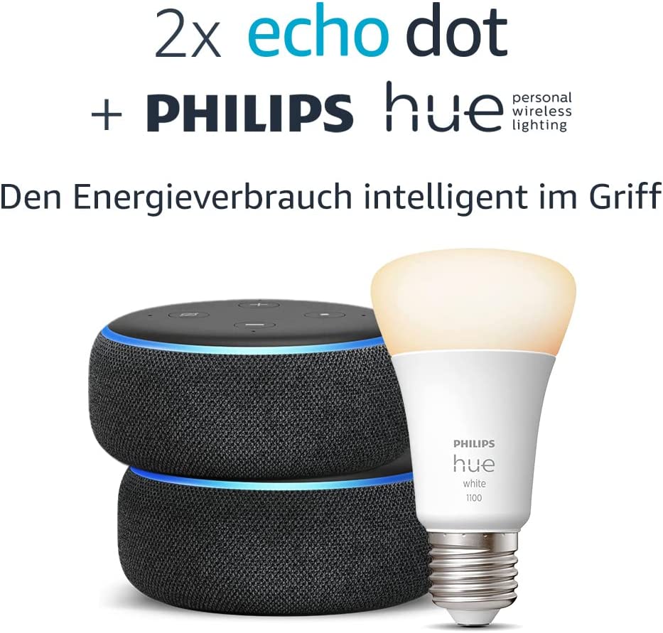 Amazon Smart Home-Aktion » 2x Echo Dot (3. Gen) schwarz &amp; Philips Hue White Smart Bulb (E27) für 35€
