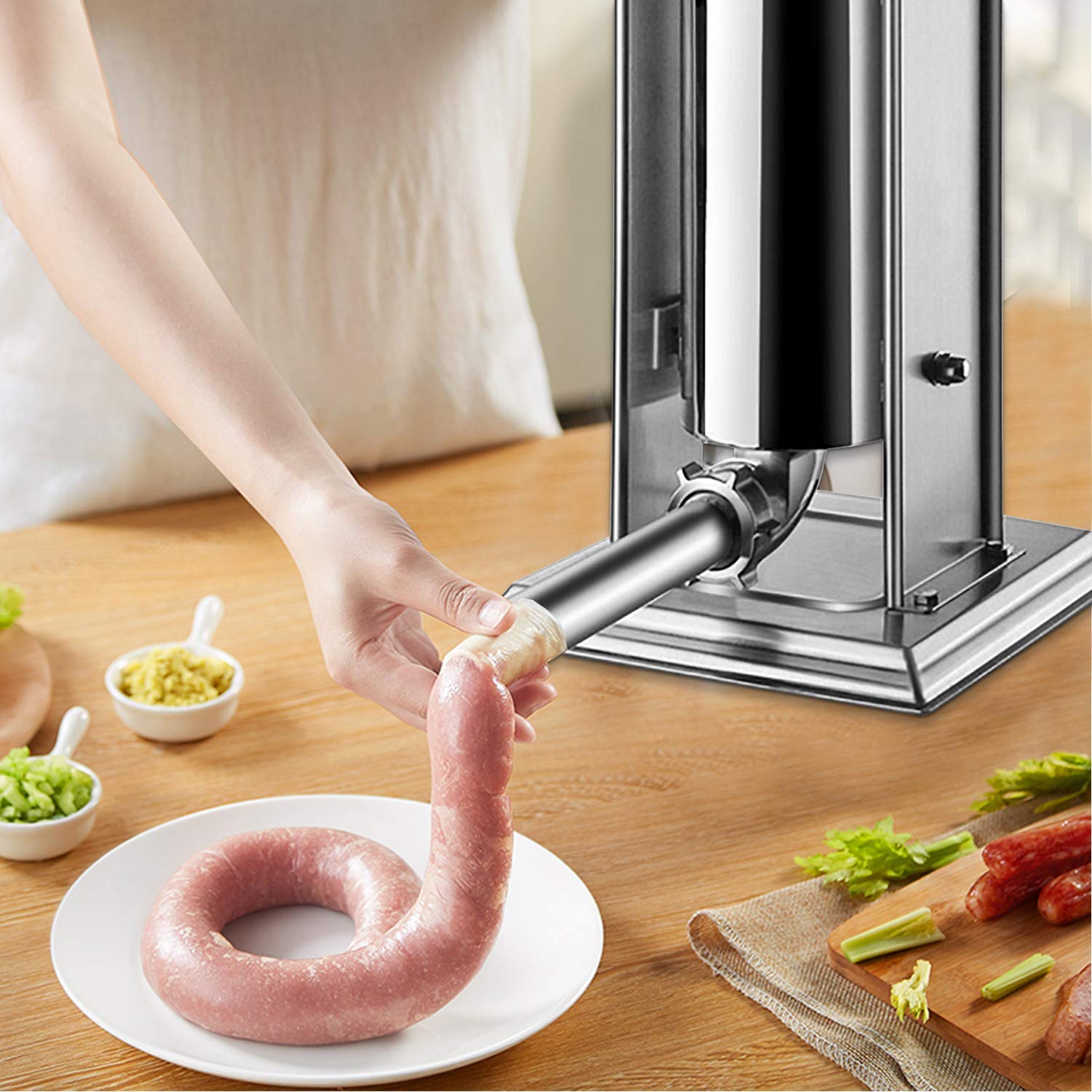 wolketon Hochwertigem Wurstfüllmaschine, 3 Liter Wurstfüller mit 2 Gang-Getriebe und Vier Verschiedene Füllrohre