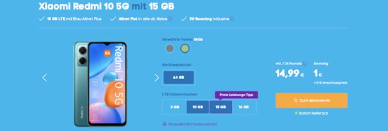 Xiaomi Redmi 10 5G im Blau Allnet Plus für 15€/Monat - 15GB LTE, Allnet- & SMS-Flat, EU-Roaming