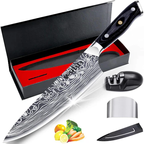 40% OFF! Kochmesser 20CM aus Deutschem Edelstahl mit Fingerschutz und Messerschärfer