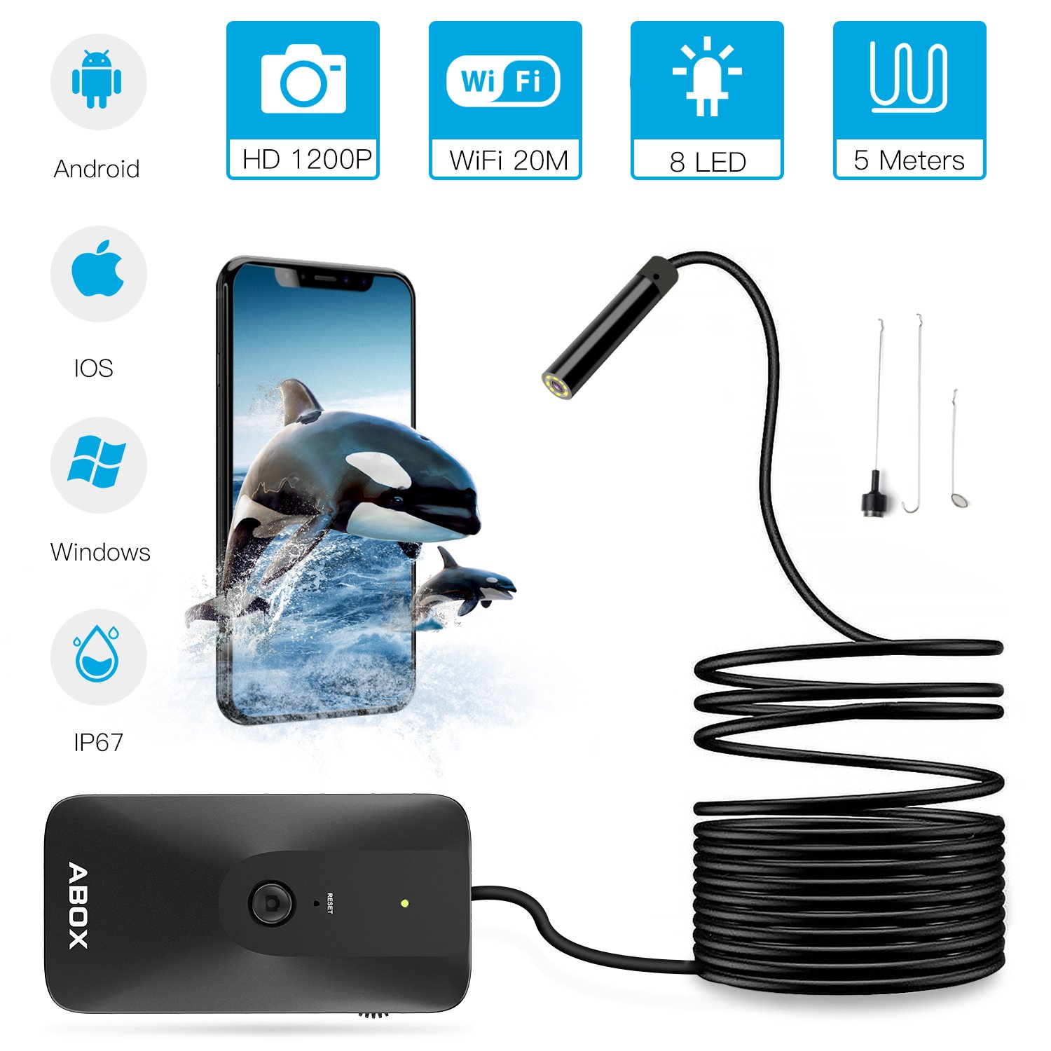 Wifi Inspektionskamera mit 8 Einstellbare LED, Haken/Magnet/Spiegel, 