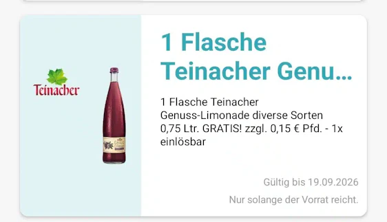 Gratis 1 Flasche Teinacher Genuss Limonade in der Logo App