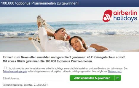 40€ Gutschein für Airberlin Holidays durch Newsletteranmeldung