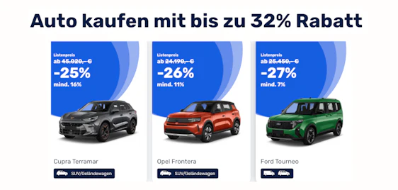 Auto Barkauf-Angebote mit 32% Rabatt 🚗 inkl. Haustürlieferung, super viele Marken & Bauarten